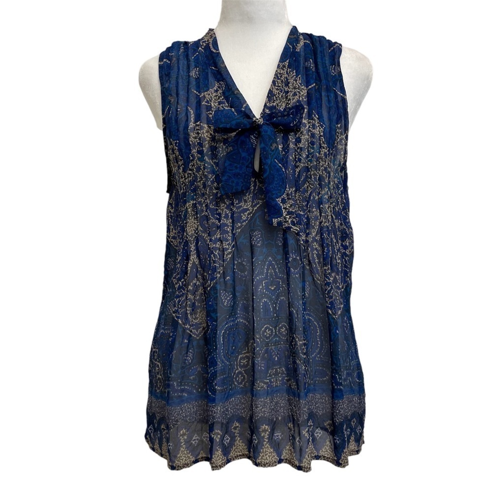 Joie Wyeth 100% Silk Blue Printed Tie Neck Pintuck Pleated Sleeveless Blouse